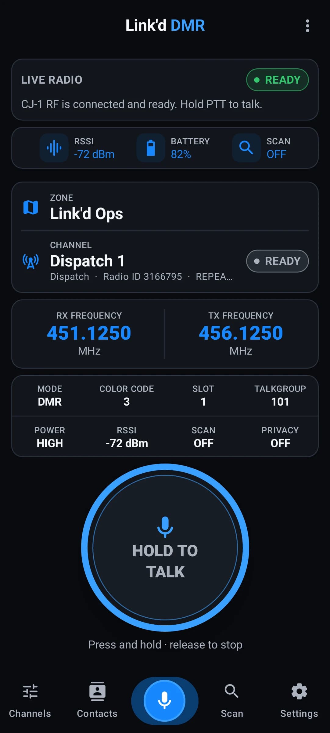 Current Link’d DMR CJ-1 radio screen with live radio status, channel details, device information, and the large hold-to-talk control