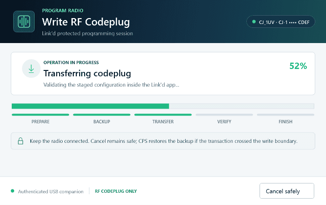 Link'd DMR CPS protected write progress window